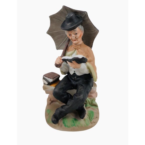Vintage Porcelain Old Man Reading Outdoor Umbrella Farmhouse Home Decor - Picture 1 of 10